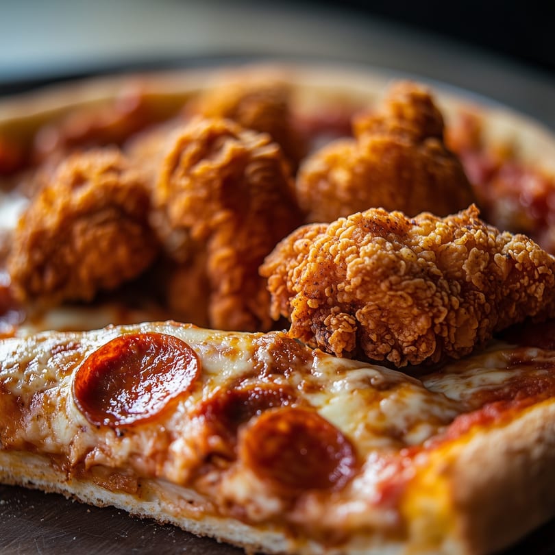 Close-up of a pepperoni pizza slice with crispy fried chicken pieces on top.
