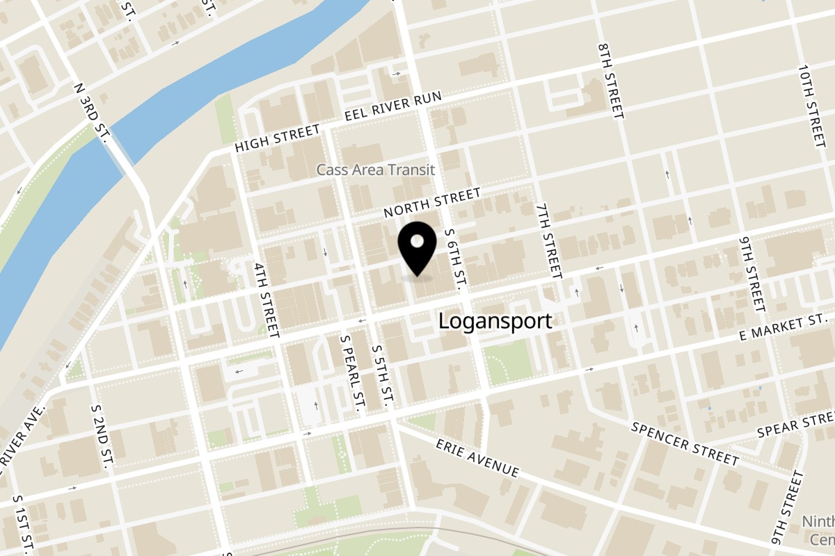Map showing the location of U-Know Pizza & Sandwich Shop on 516 E Broadway in Logansport